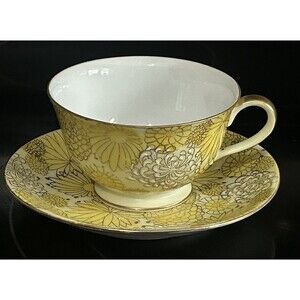 Vintage Kutani Hand Painted Japan Yellow Floral Teacup Saucer Gold Trim